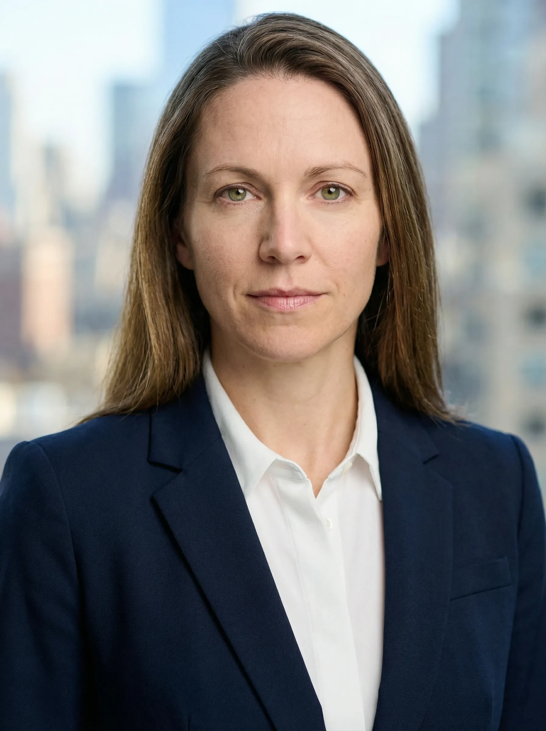 AI LinkedIn headshot — woman in a navy blazer and white blouse in a bright office